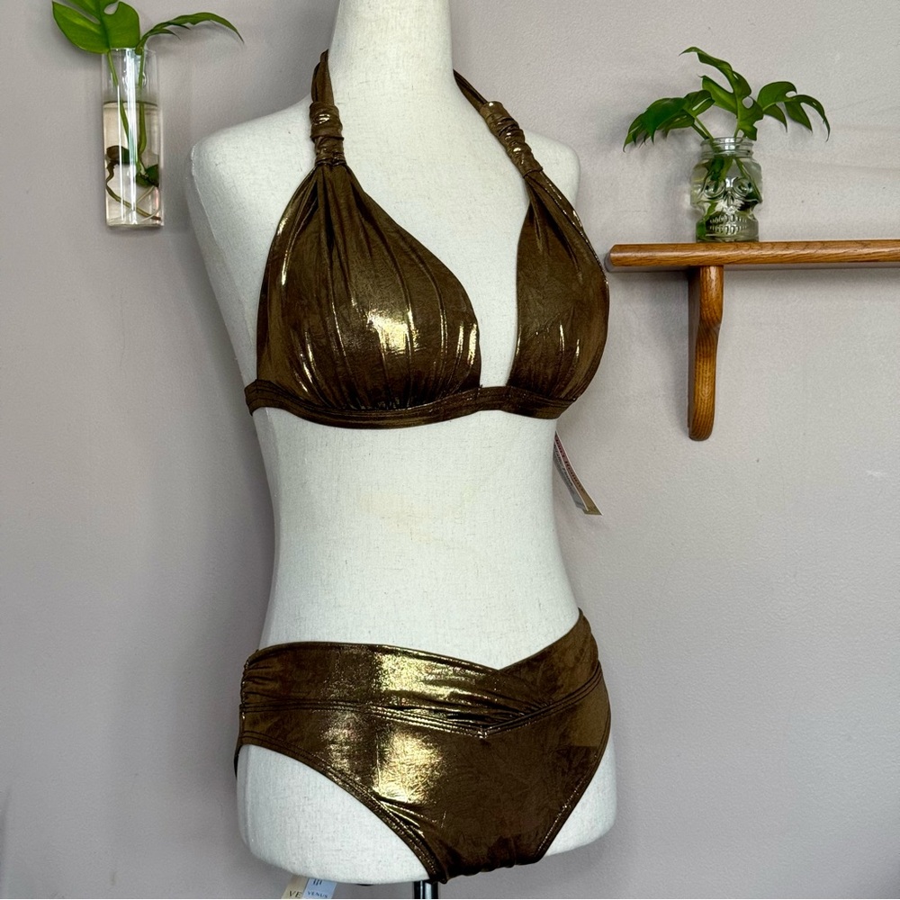 VENUS Shimmering Bronze Metallic Goddess Push-Up Halter Top and Havana Bottoms - Picture 2 of 12